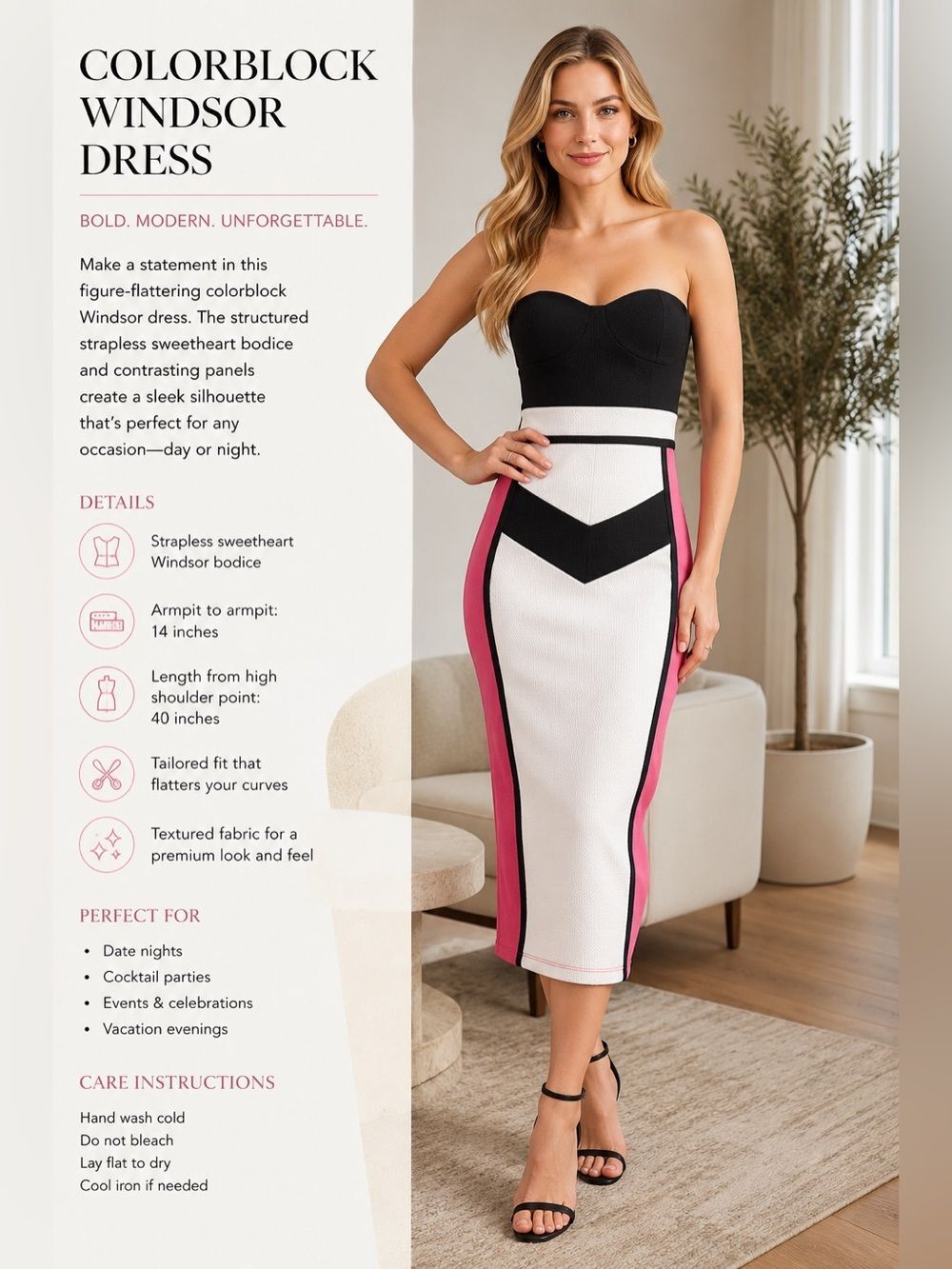 Colorblock Windsor Strapless Dress - Black, White & Pink- XS